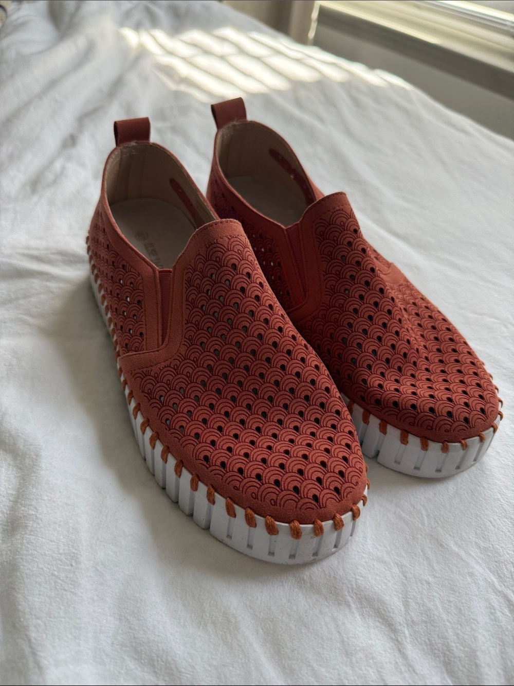 Textured Slip-On Perforated Platform Sneakers - Burnt Orange/Rust
